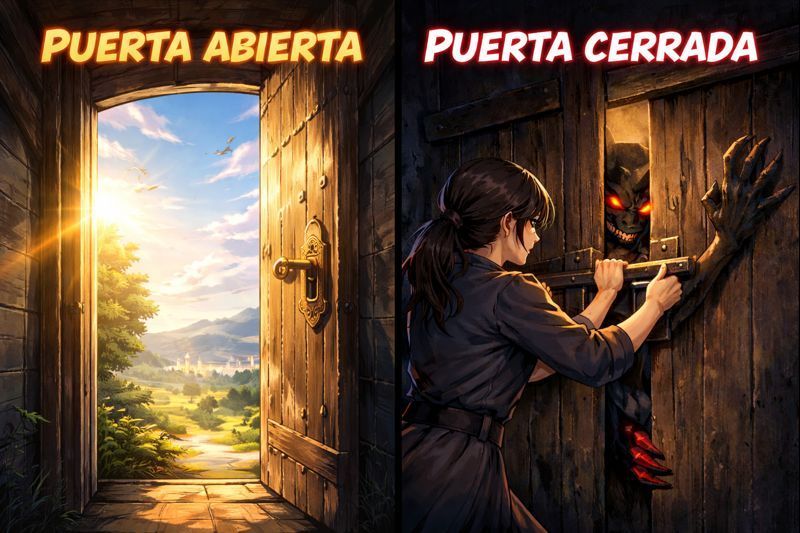 Puerta abierta con luz y paisaje; puerta cerrada con una figura empujando una puerta oscura con ojos rojos detrás.
