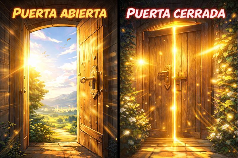 Puerta abierta a un paisaje luminoso junto a una puerta cerrada oscura y brillante.