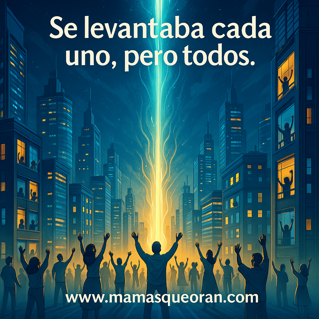 La gente en la ciudad levanta las manos hacia un rayo de luz brillante; texto: