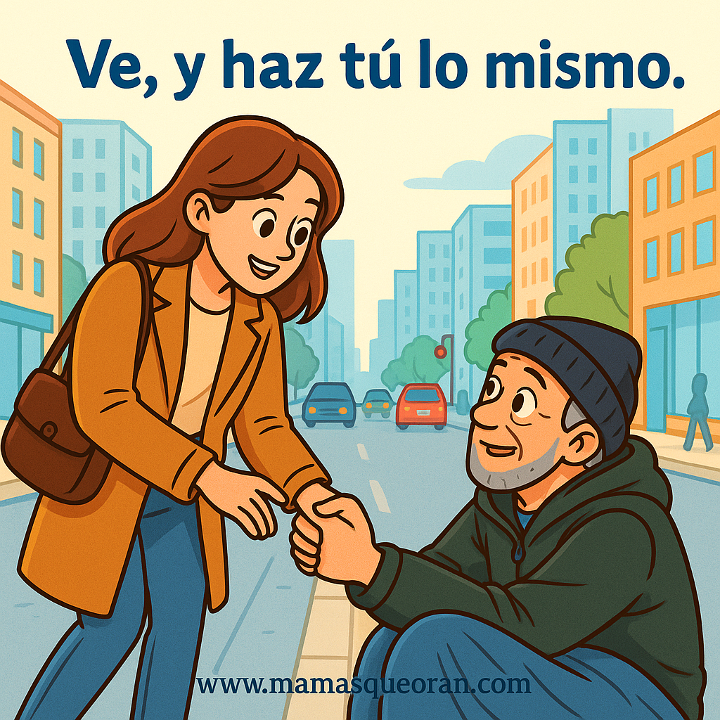 Una mujer ayuda a un hombre sin hogar. Le toma la mano en una calle de la ciudad. Tonos azules y naranjas.