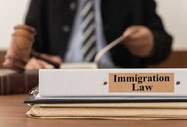 Immigration law binder on a desk with a gavel and blurred judge in the background