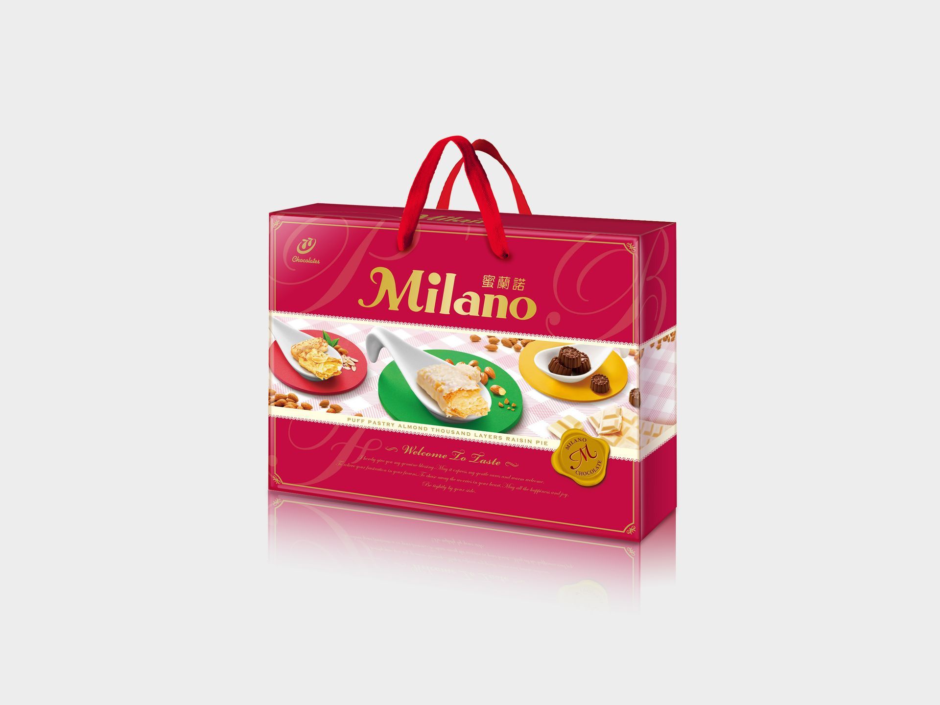 為宏亞食品的蜜蘭諾品牌設計年節禮盒；以華麗繽紛呈現出餅乾的細膩可口，歐式絲綢桌巾襯托品牌的精緻聯想，色彩以適合送禮的喜氣橘紅色系列作為配色，搭配典雅的英文字體點綴出年節的歡樂氣氛。