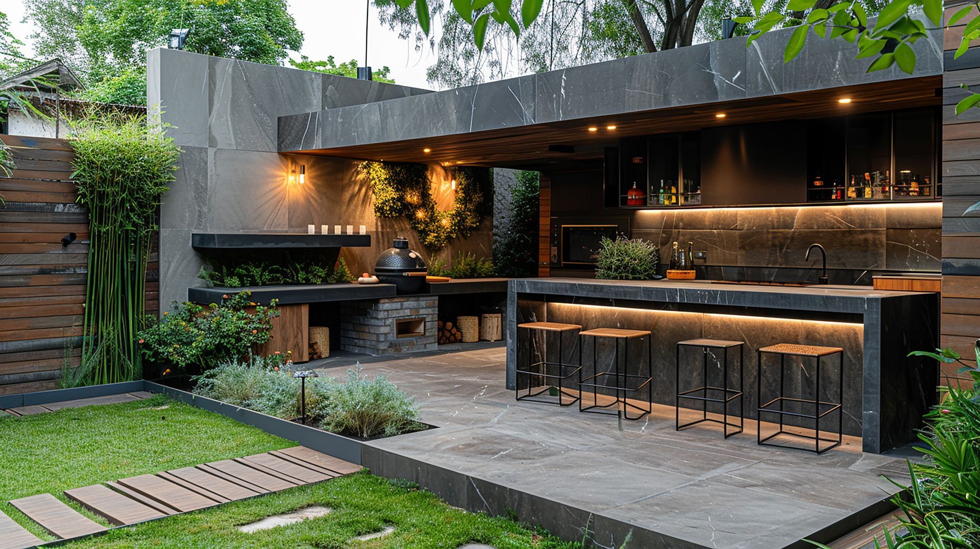 Outdoor kitchen with grill, bar, and seating under a stone canopy, set in a lush green yard.