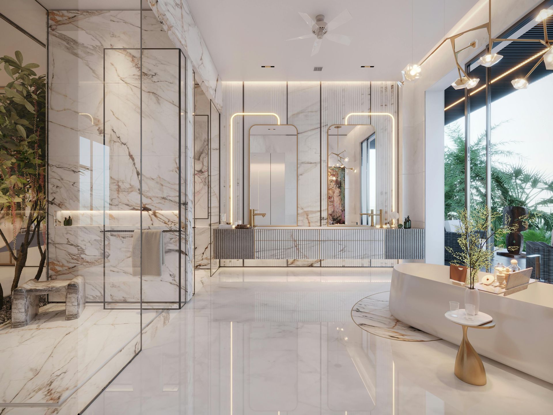 Luxurious modern bathroom with marble walls, glass shower, and large window overlooking greenery.