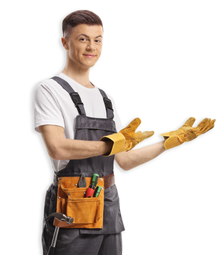 A young man in overalls and gloves is standing with his hands outstretched.