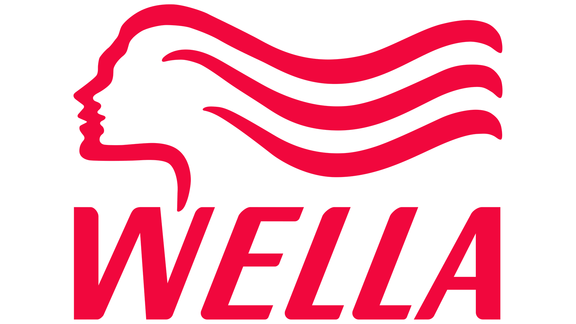 Logo Wella con profilo stilizzato rosso e capelli fluenti sopra la parola “WELLA”