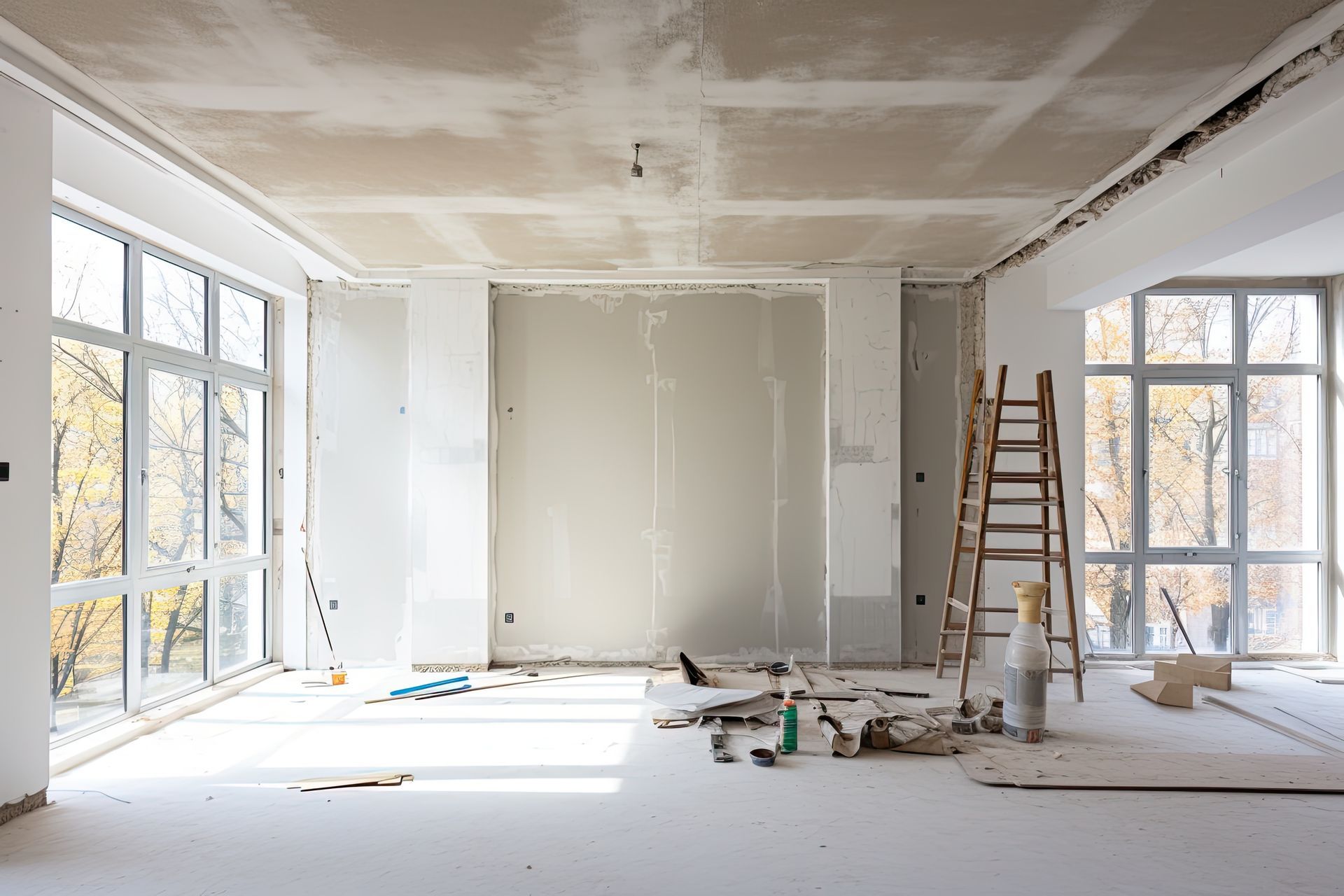 Une pièce vide avec une échelle et beaucoup de fenêtres en construction.