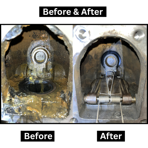 Before-and-after of a corroded pipe or chamber cleaned to reveal a metal fitting and valve inside.