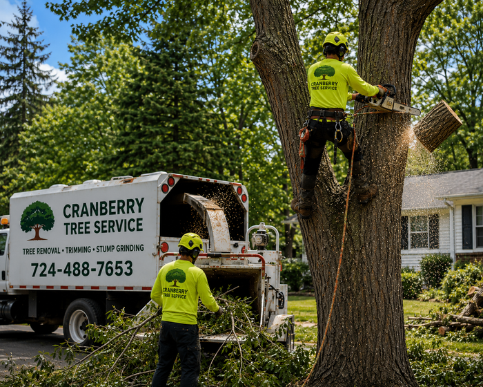 Crane-assisted tree removal service safely removing large trees near a residential home in Cranberry Township, PA.