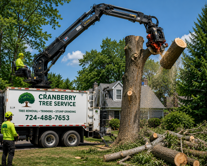 Storm-damaged tree fallen onto a residential fence requiring emergency tree removal services in Cranberry Township, PA.