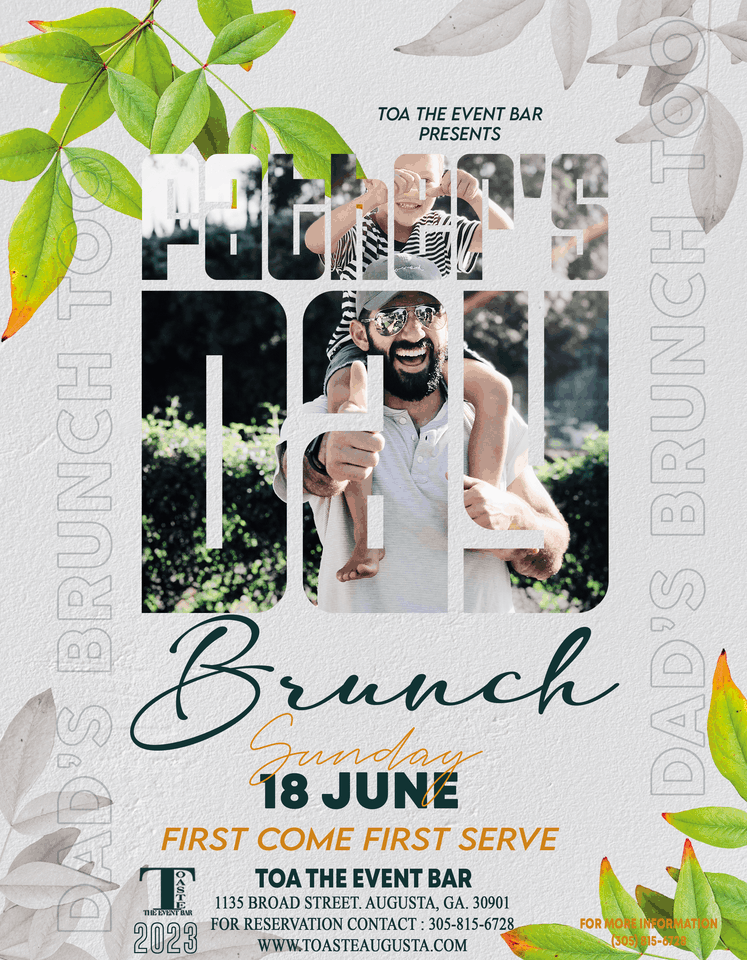 Father's Day Brunch flyer featuring a photo of a man with a child on his shoulders. Text includes the date and event details.