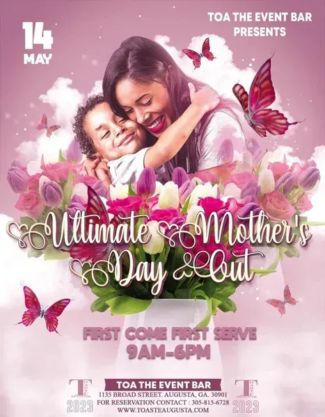 Mother's Day event flyer: Woman hugging child amidst flowers and butterflies. Details: pink background, 