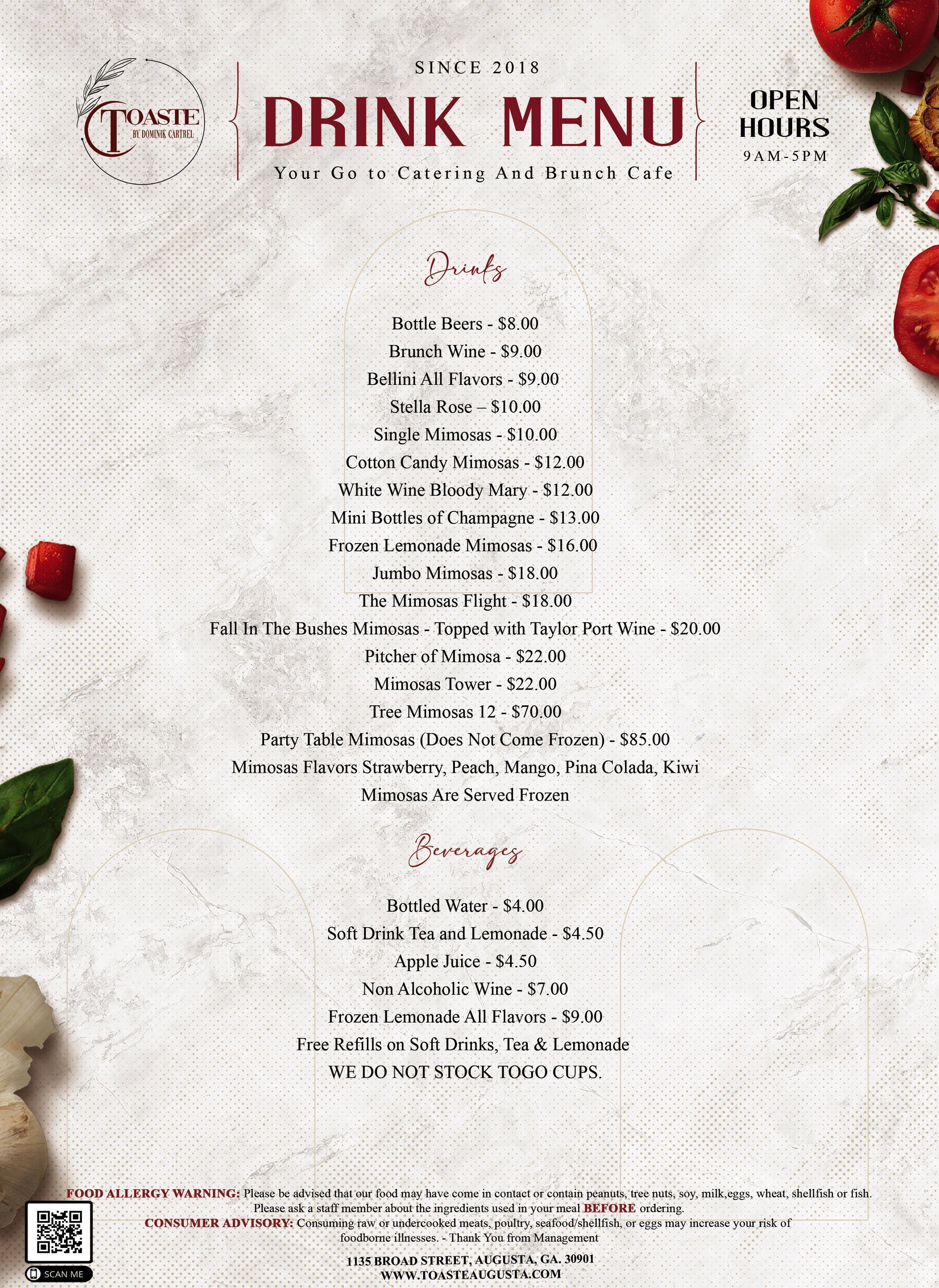 Drink menu with a list of cocktails and beverages.