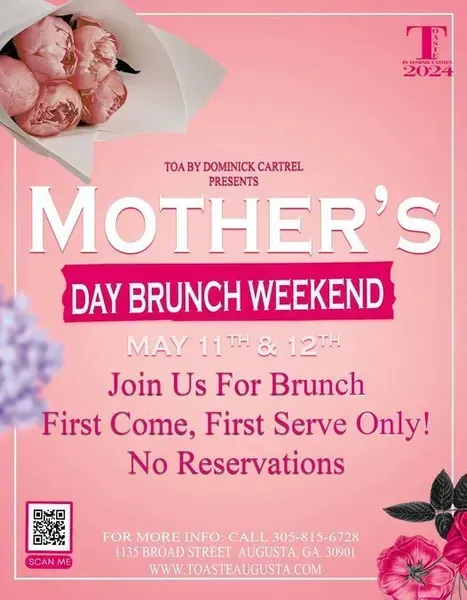 Mother's Day Brunch Weekend flyer in pink. Text reads 