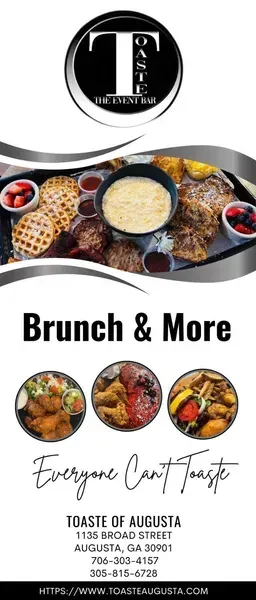 Brunch and More sign for Toaste of Augusta. Includes dishes of food and contact info.