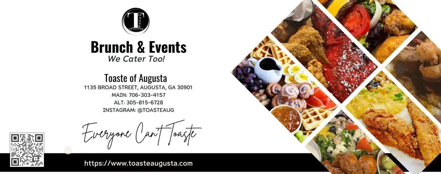 Business card for Brunch & Events, featuring a logo, contact information, and images of food.