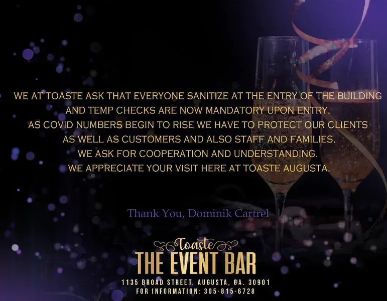 Announcement about Covid-19 safety measures at Toaste Event Bar in Augusta. Includes text on sanitation, temperature checks, and cooperation.
