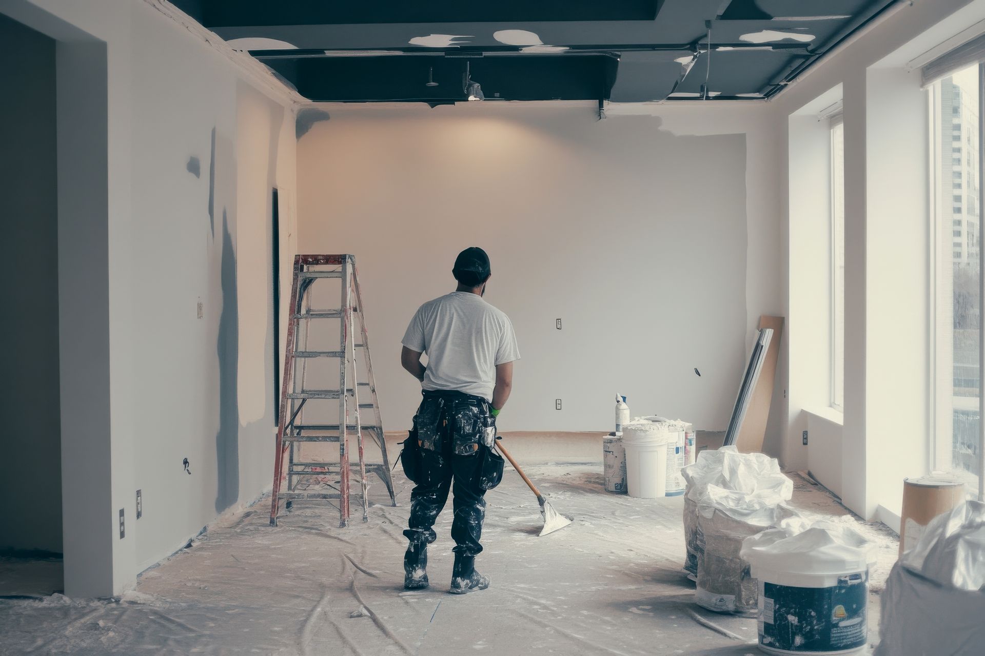 A man is standing in an empty room holding a paint roller.