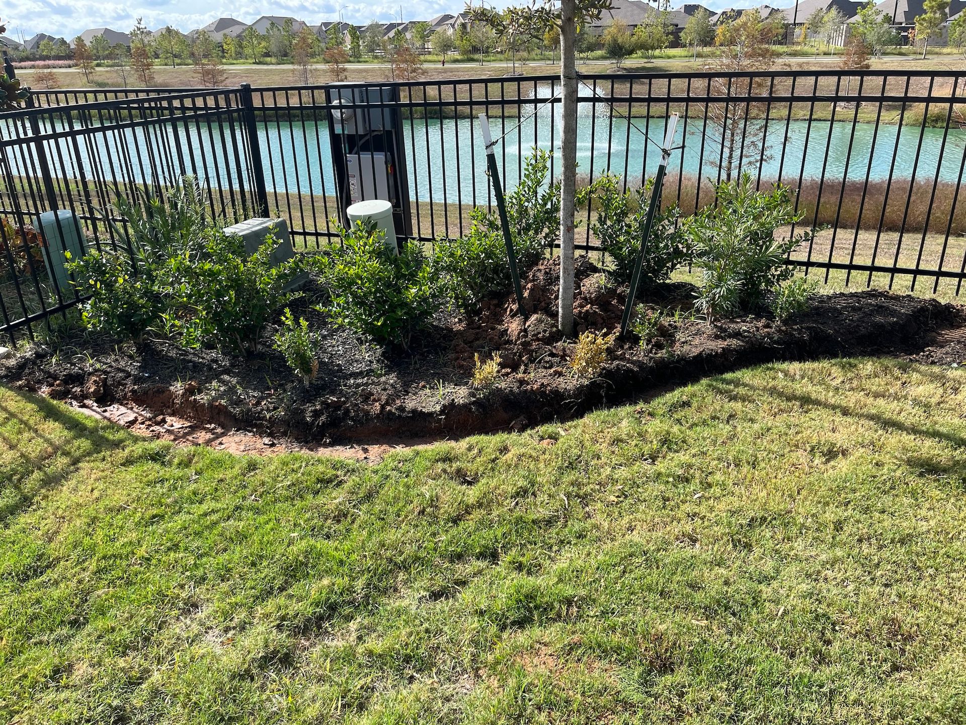 Black fence surrounds flower bed with bushes, tree, and mulch, near a pond and green lawn.