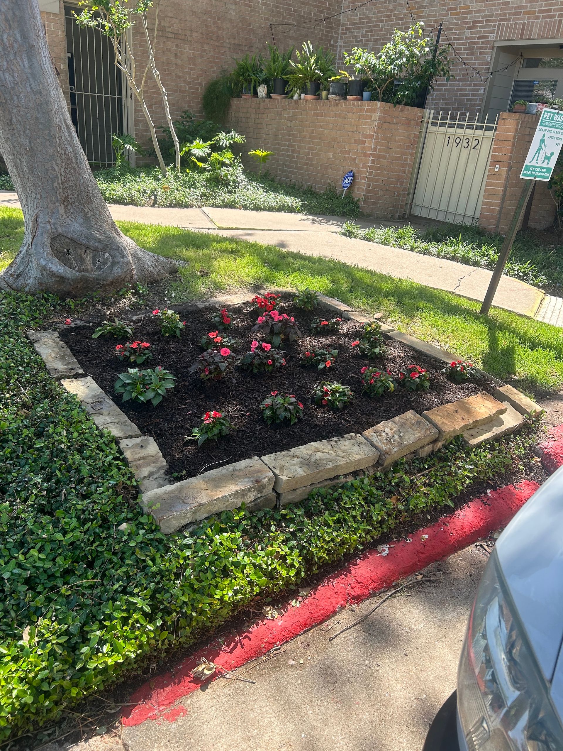 Flower bed with red flowers, edged with stone blocks, next to a tree and sidewalk.