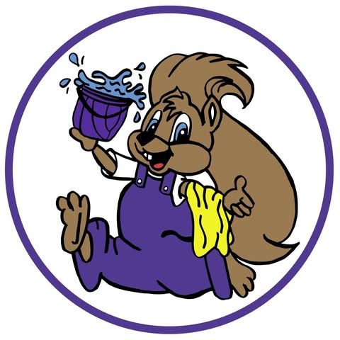 Cartoon brown dog in purple overalls splashing in a bucket, inside a purple circle.