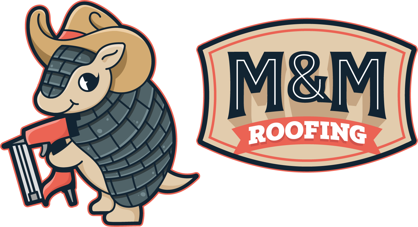 M&M Roofing logo with a cartoon armadillo in a cowboy hat holding a red ladder next to the company name