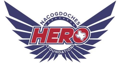 Nacogdoches HERO Foundation logo with red and white text over blue winged emblem