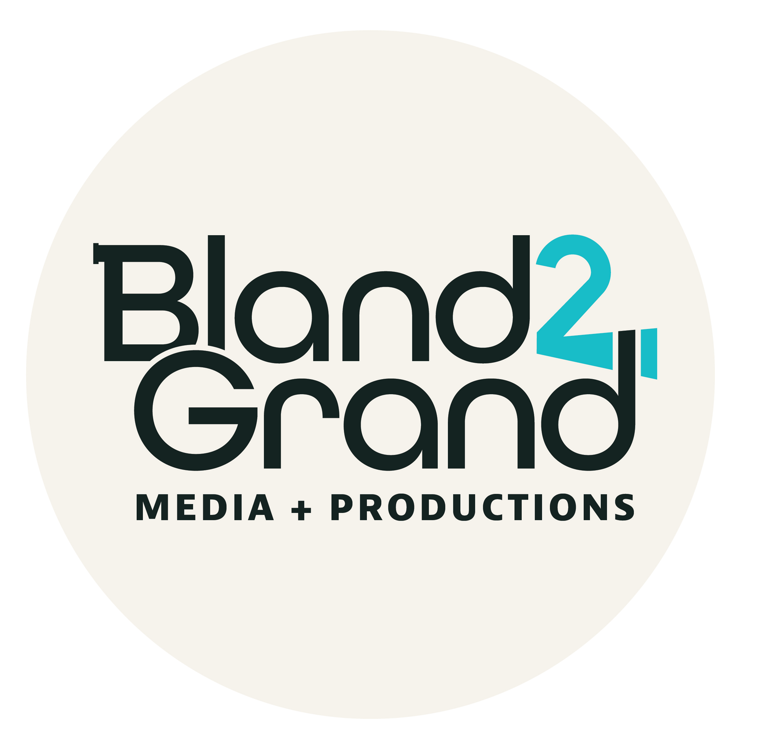 Bland2Grand Media + Productions logo in black and teal on a light beige circle