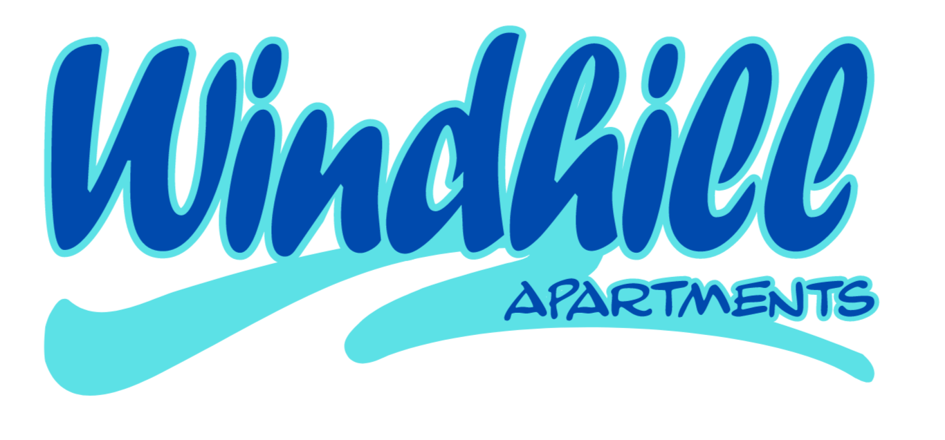 WindHill Apartments logo in blue script with teal swoosh underline