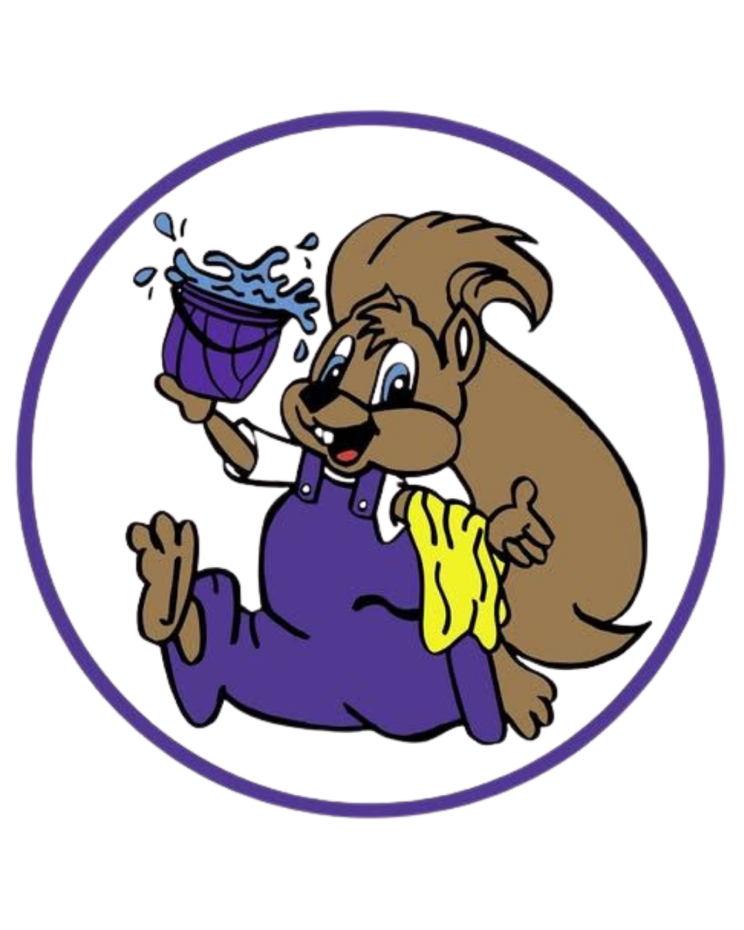 Cartoon brown dog in purple clothes holding a splashy purple cup inside a purple circle