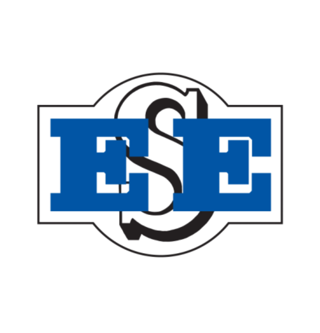 ESU logo with blue letters and black intertwined S on white background
