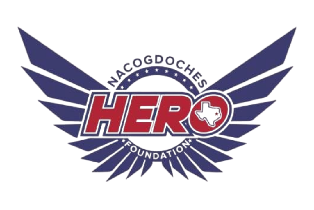 Nacogdoches HERO Foundation logo in red, white and blue with stylized wings