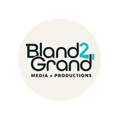 Bland2Grand Media + Productions logo in black and teal on a light beige circle