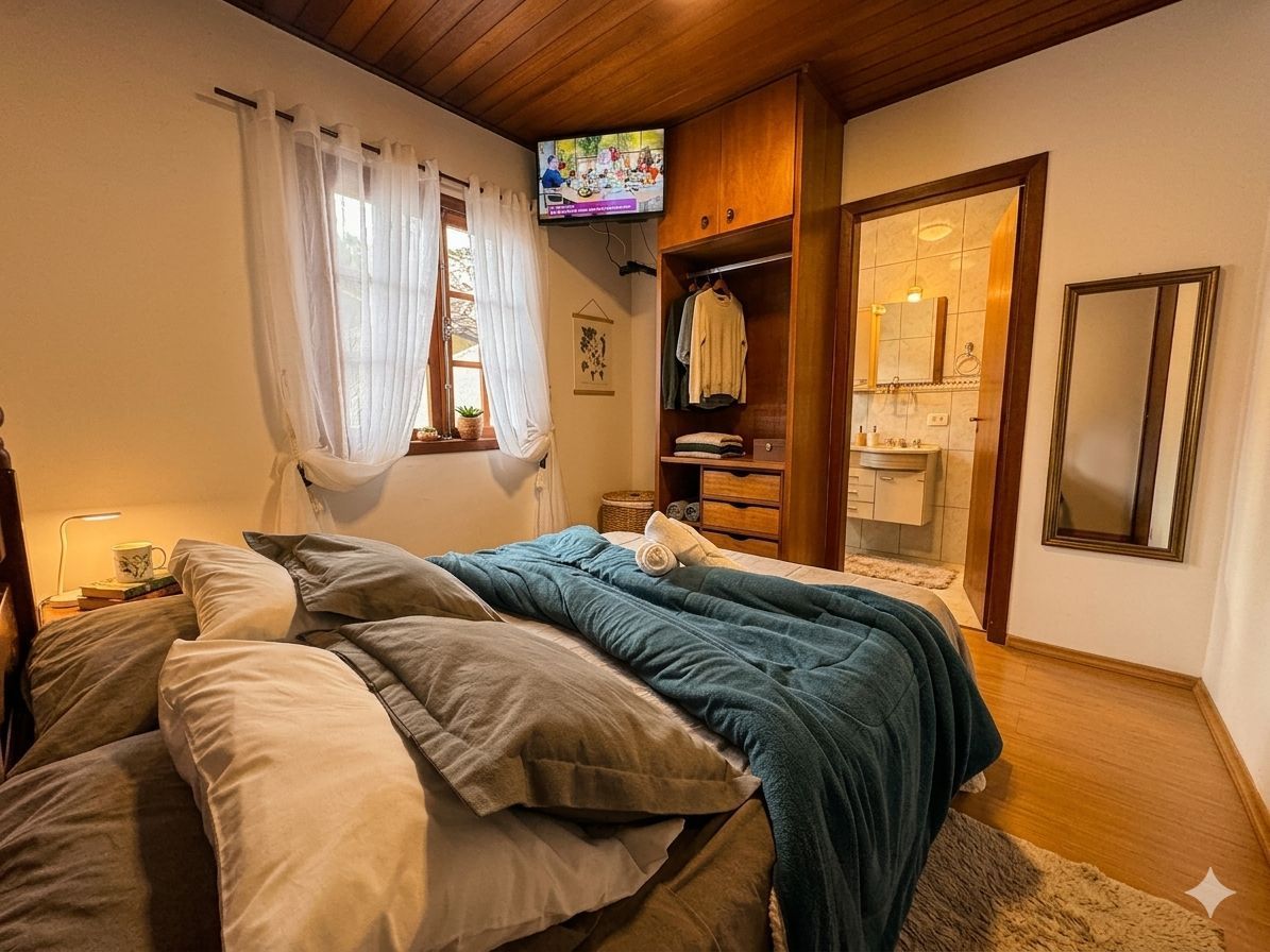 Quarto aconchegante com cama desarrumada, teto com painéis de madeira, TV e janela com cortinas.