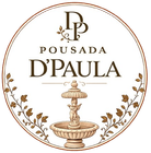 Logotipo circular da Pousada D'Paula em tons de marrom e dourado com uma fonte ornamental e uma fonte central.