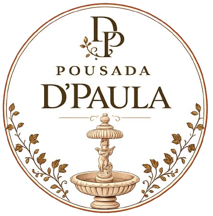 Logotipo circular da Pousada D'Paula em tons de marrom e dourado com uma fonte ornamental e uma fonte central.