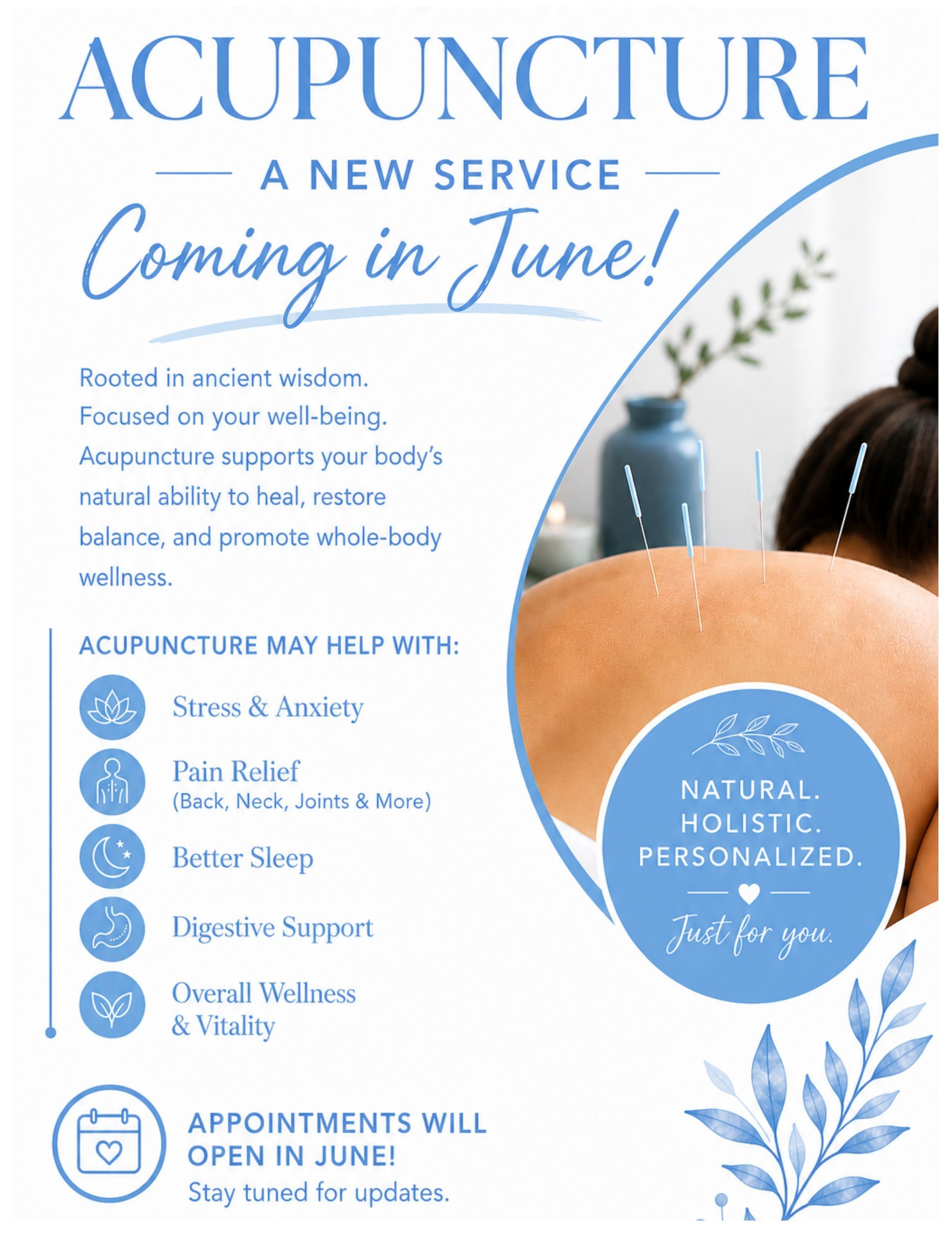 Blue acupuncture clinic flyer announcing “Coming in June” with treatment list and appointment info