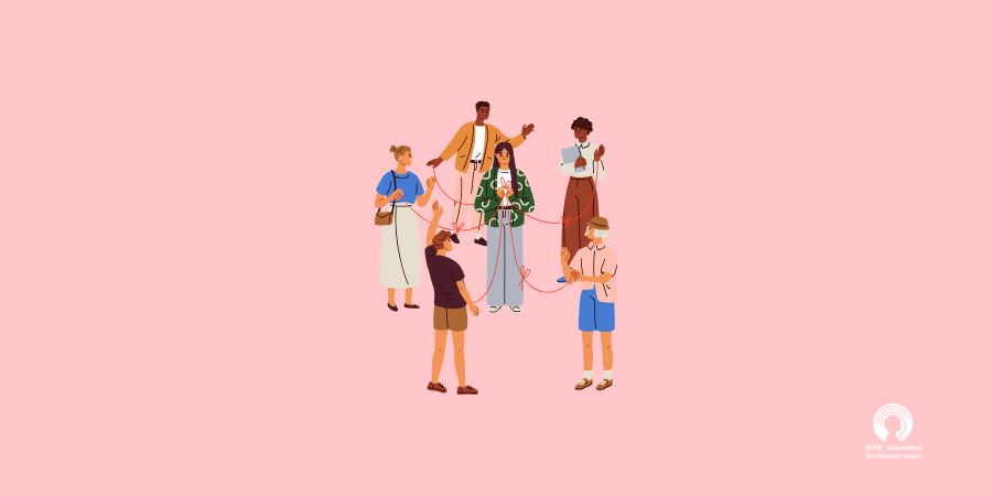 Illustration of people in a circle, connected by threads, on pink background.