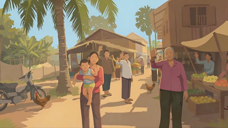 Busy outdoor market with shoppers, fruit stalls, palm trees, and sunlit houses in the background