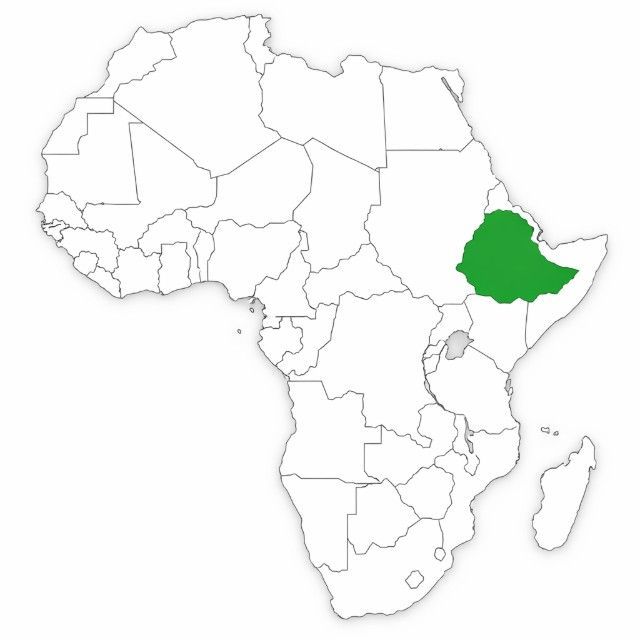Map of Africa highlighting Ethiopia in green on the east side