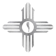 Gray geometric cross-like emblem with a circular center and four vertical bars