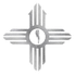 Gray geometric cross-like emblem with a circular center and four vertical bars