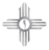 Gray geometric cross-like emblem with a circular center and four vertical bars