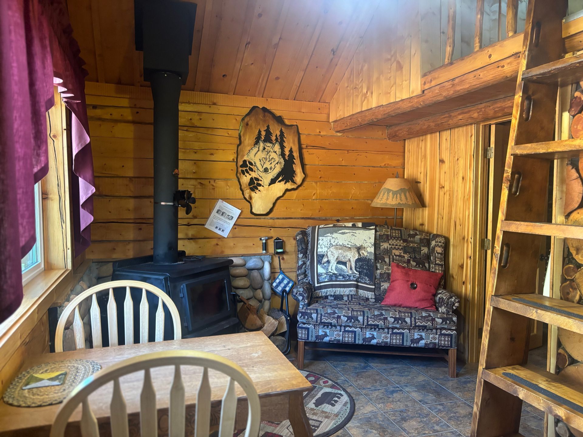 Wolf's Den sitting area and fireplace