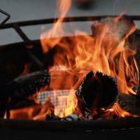 Burning flames engulfing logs in a dark metal fire pit.