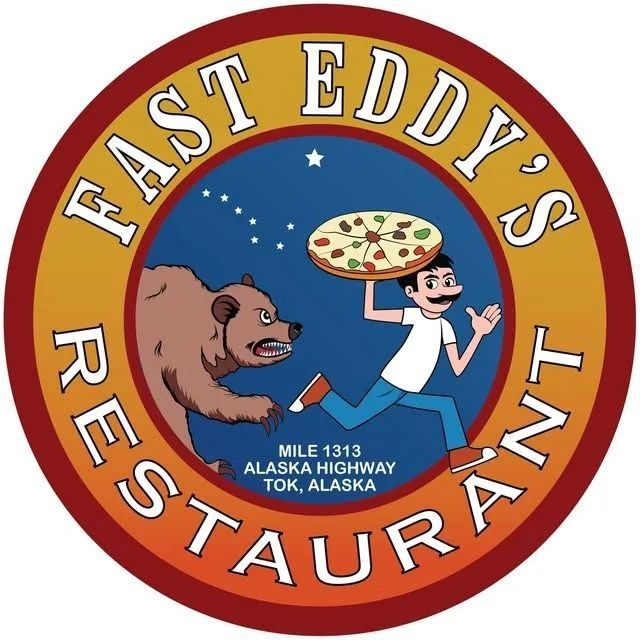 Fast Eddy's Restaurant logo. Man running with pizza, pursued by bear. Alaska Highway, Tok, mile 1313.