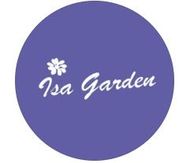 Logotipo circular morado con icono de flor blanca y texto “Isa Garden”