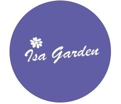Logotipo circular morado con icono de flor blanca y texto “Isa Garden”