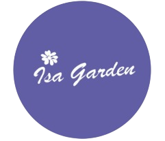 Logotipo circular morado con un icono de una flor blanca y las palabras “Isa Garden” en letra cursiva.