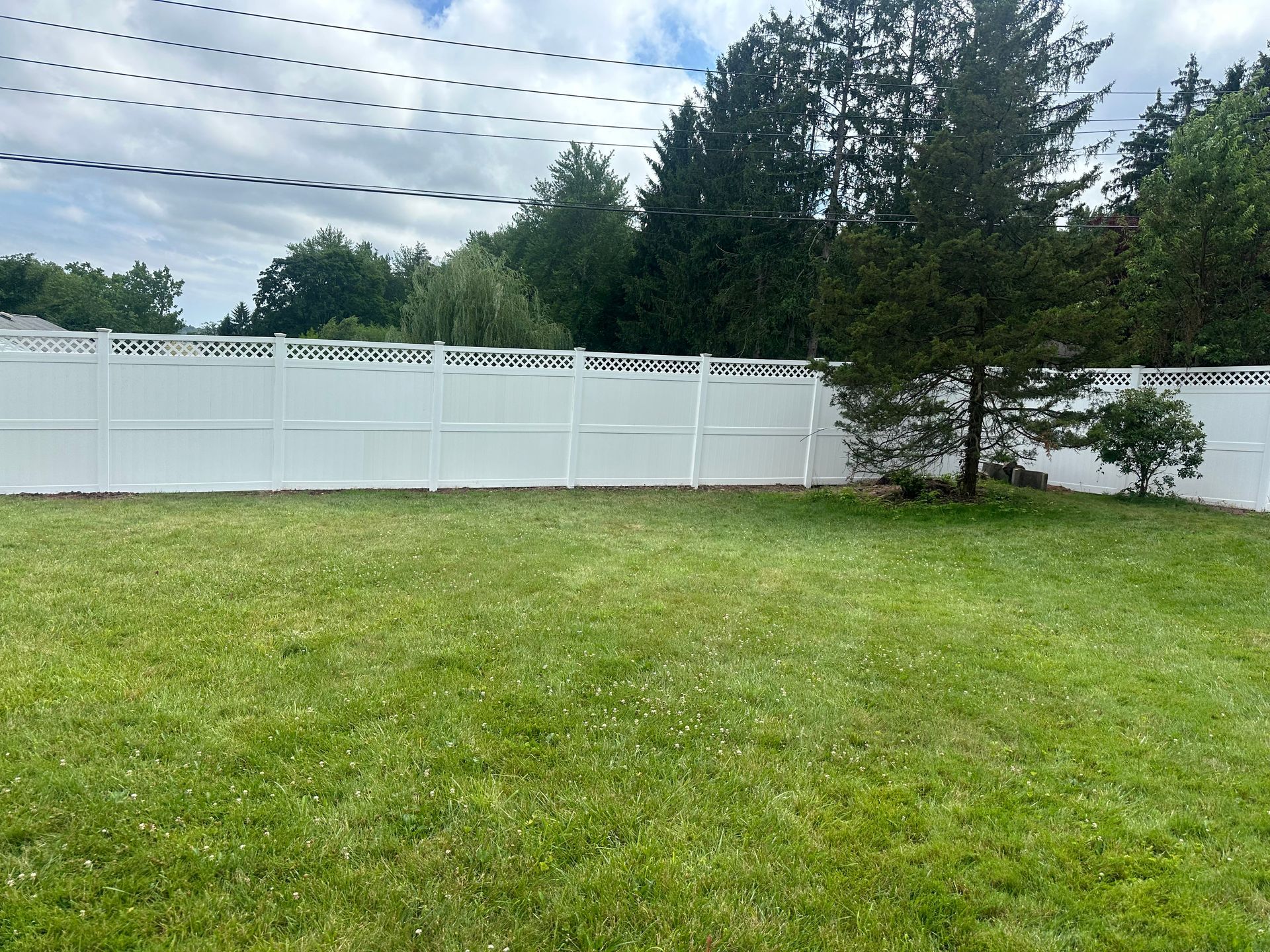 Grassy backyard with a white fence, trees, and a cloudy sky.